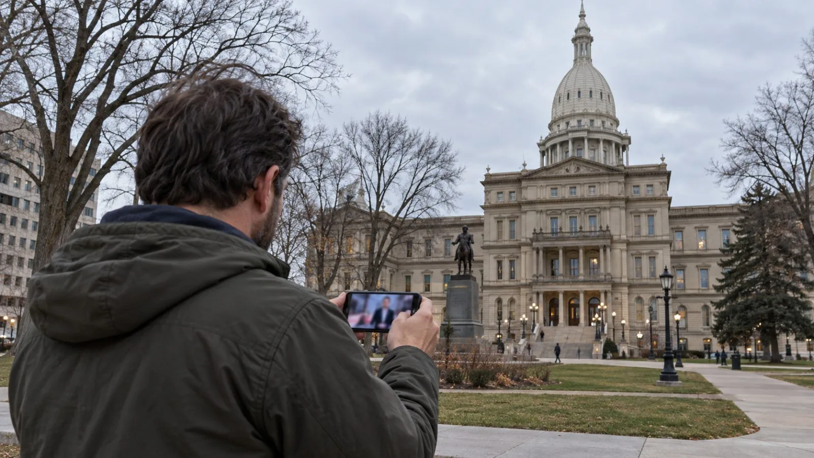 A passerby watches a campaign video on a phone outside Michigan’s Capitol in Lansing. (AI-generated image / EconoTimes)