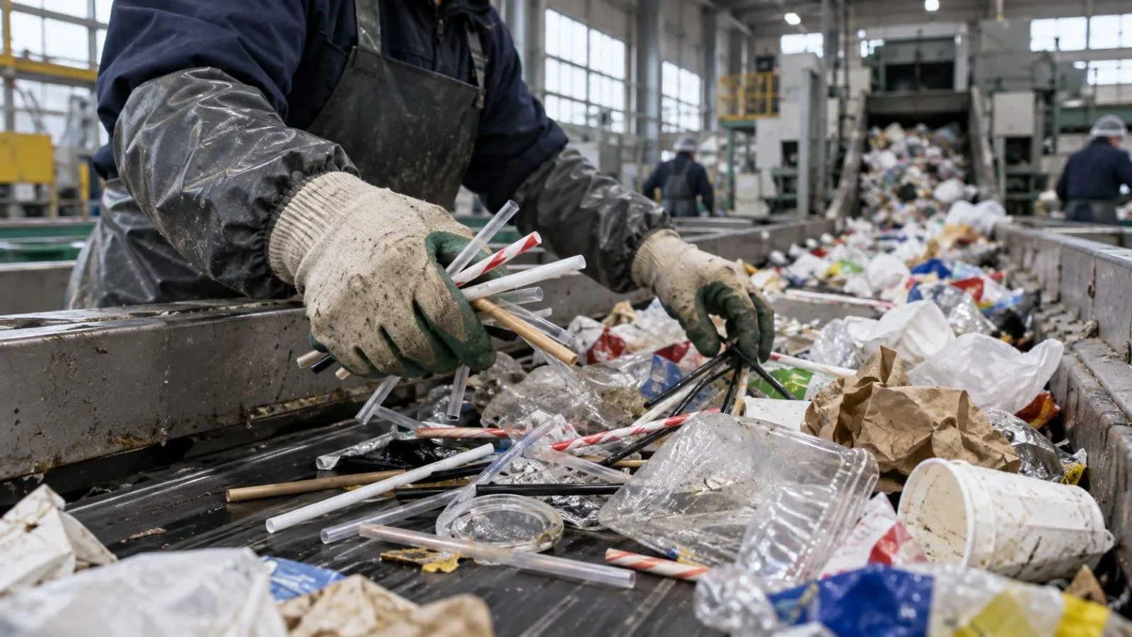 A worker sorts discarded drinking straws at a municipal waste facility in Seoul, South Korea. (AI-generated image / EconoTimes)