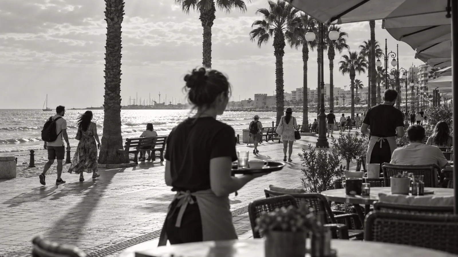 Visitors and café staff move along Larnaca’s Finikoudes promenade on a bright afternoon. (AI-generated image / EconoTimes)