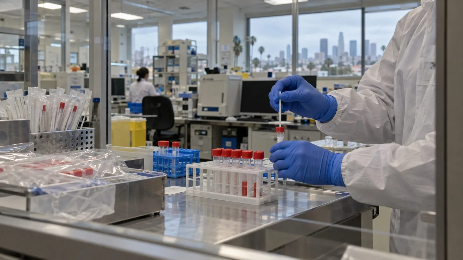 Gloved hands prepare respiratory swab samples in a Los Angeles laboratory. (AI-generated image / EconoTimes)