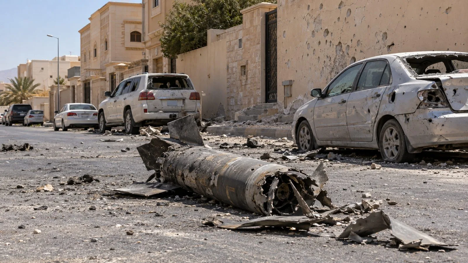Missile fragments lie beside damaged vehicles on a residential street in Khamis Mushait, Saudi Arabia. (AI-generated image / EconoTimes)