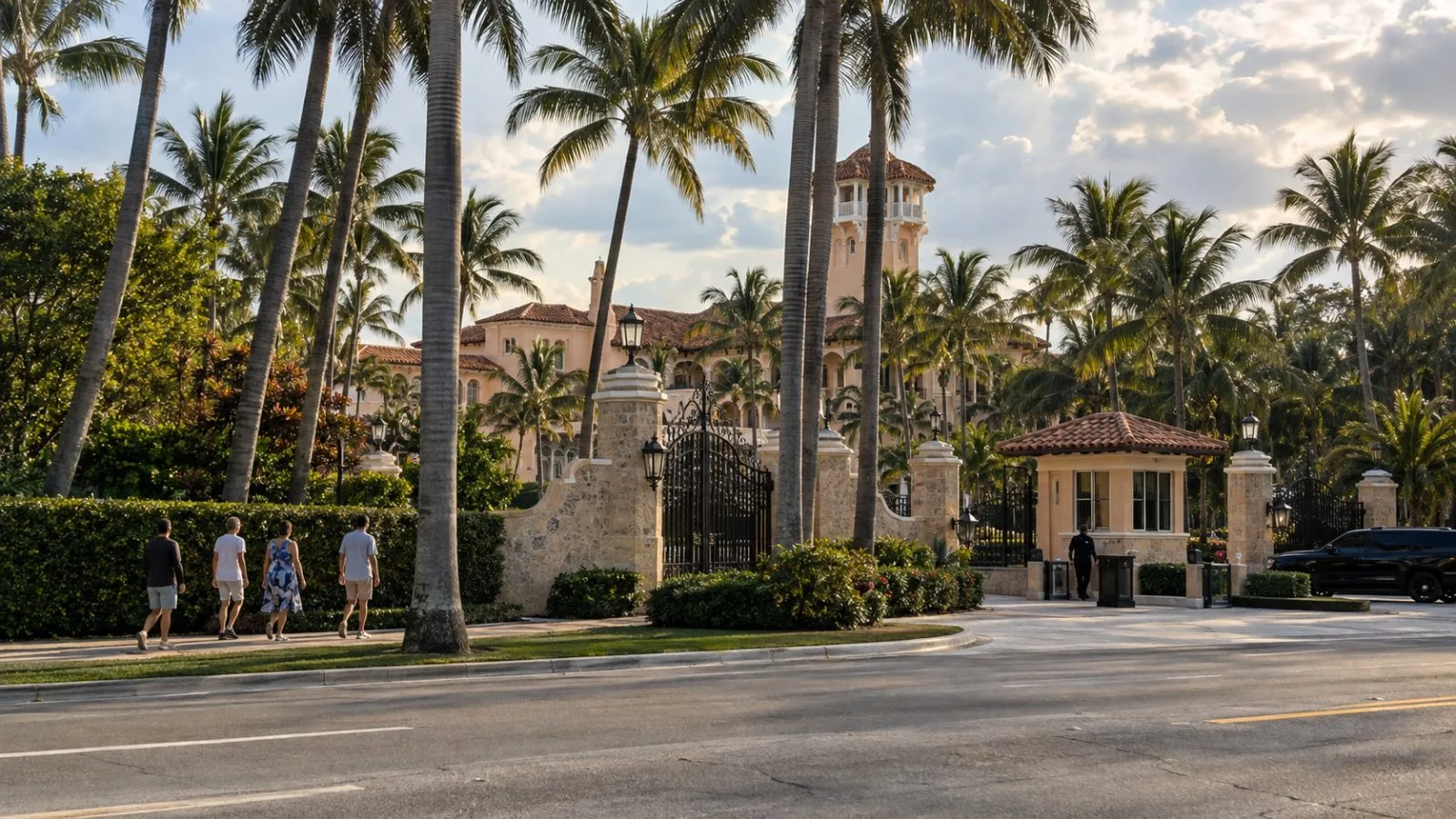 Visitors pass the guarded entrance to Mar-a-Lago in Palm Beach, Florida. (AI-generated image / EconoTimes)