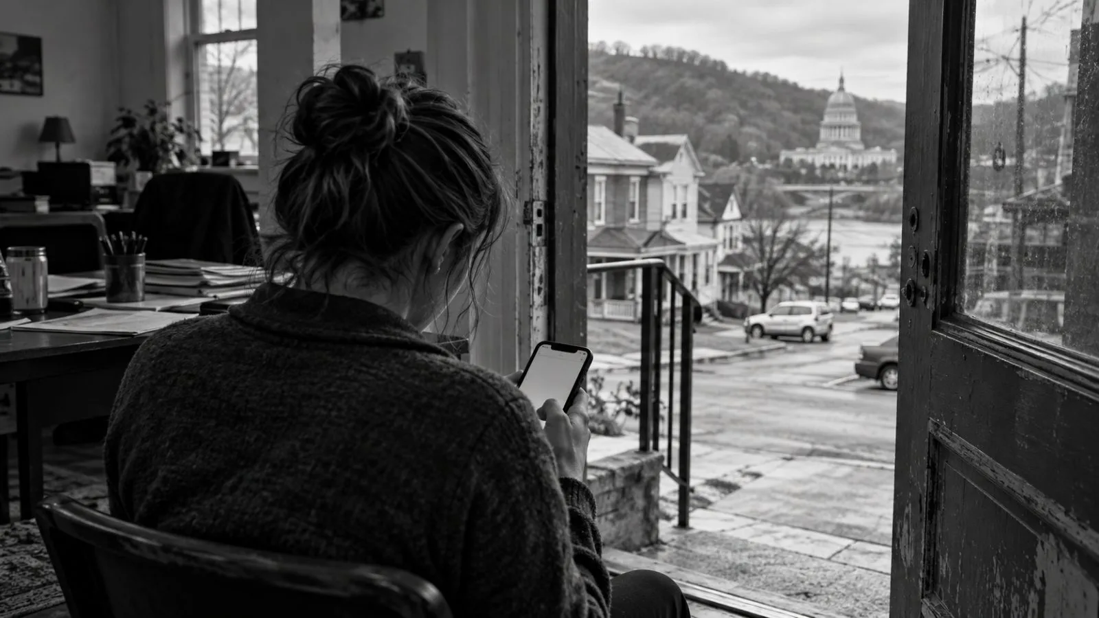 A campaign worker checks a smartphone outside a neighborhood office in Charleston, West Virginia. (AI-generated image / EconoTimes)