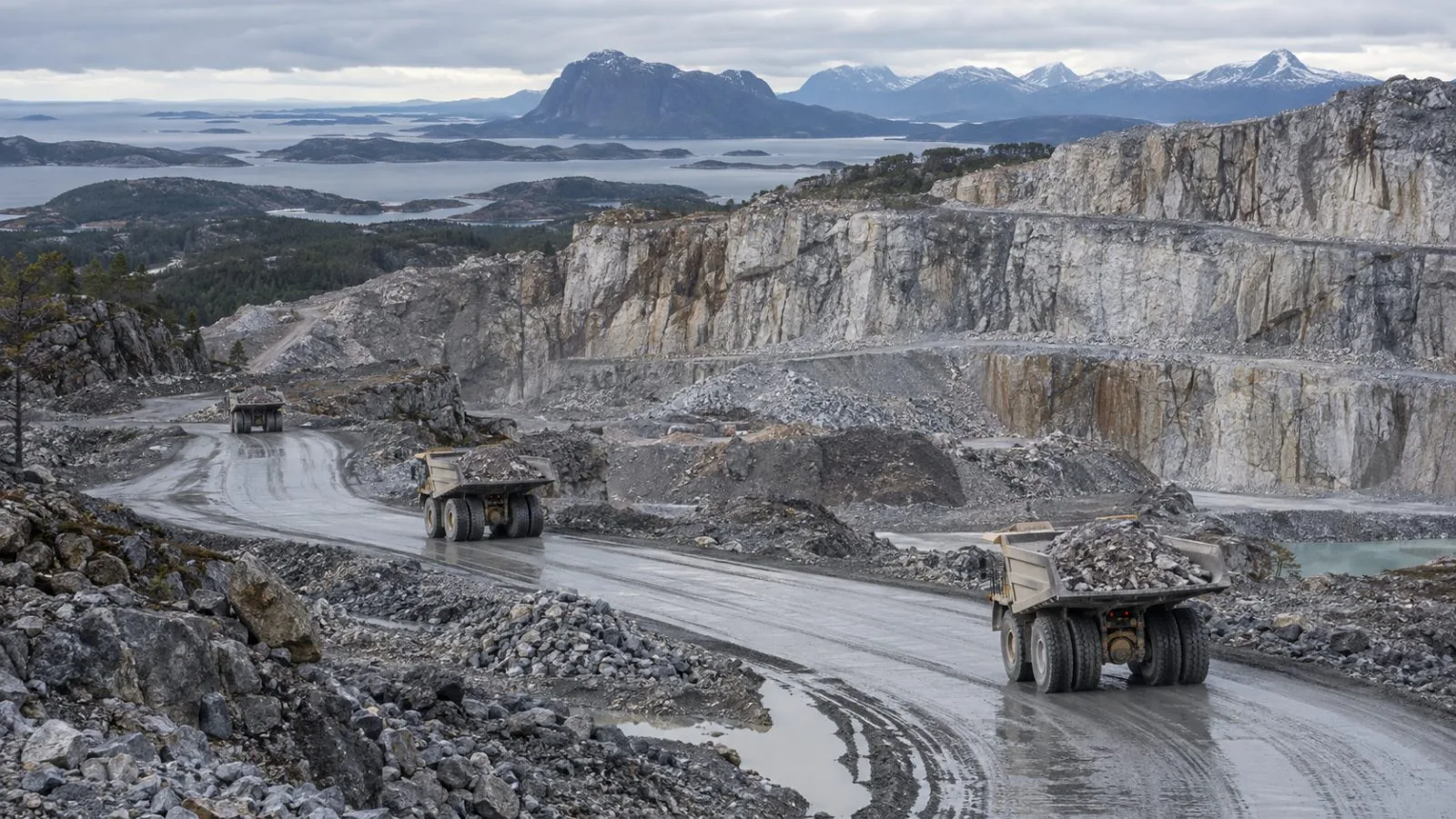 Haul trucks carry limestone along a quarry road at Brønnøy Kalk in Norway (AI-generated image / EconoTimes)