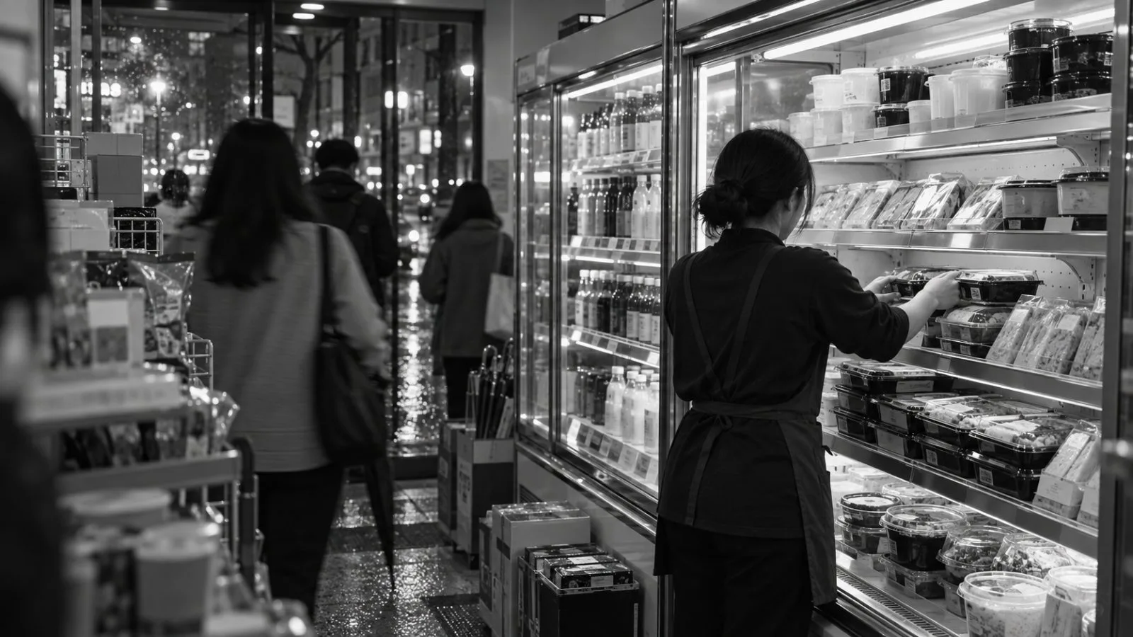 A worker arranges packaged lunch boxes inside a convenience store in Seoul, South Korea. (AI-generated image / EconoTimes)