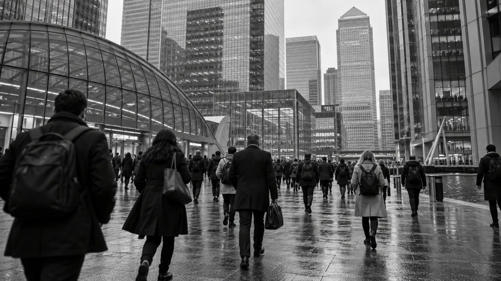 Commuters cross the plaza outside Canary Wharf station in London on an overcast morning. (AI-generated image / EconoTimes)