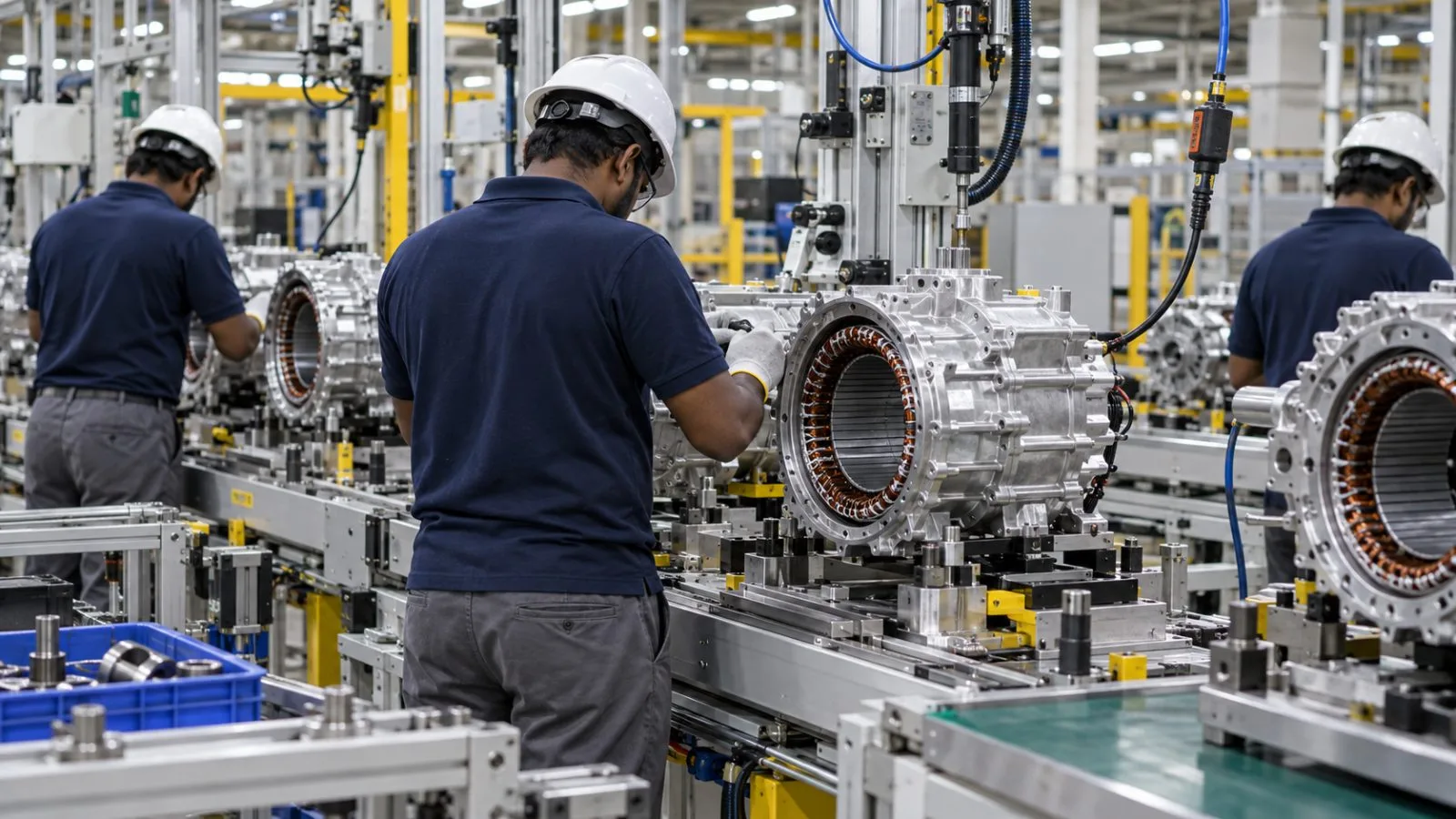 Workers inspect electric vehicle motor housings at a production facility in Chennai, India. (AI-generated image / EconoTimes)