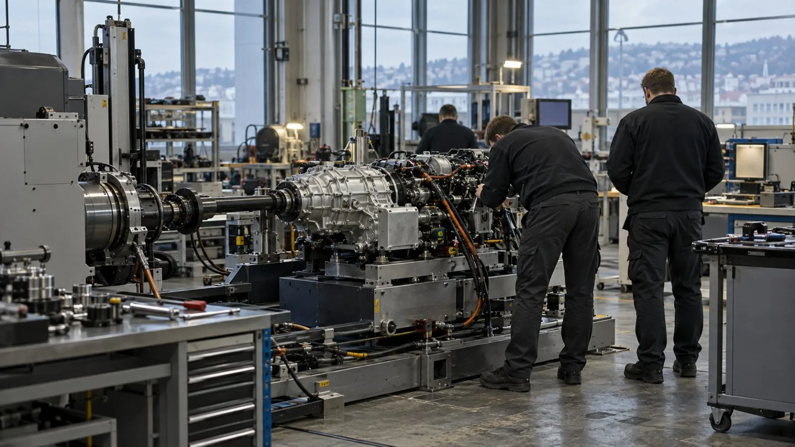 Technicians inspect a drivetrain test rig at an automotive workshop in Stuttgart, Germany. (AI-generated image / EconoTimes)