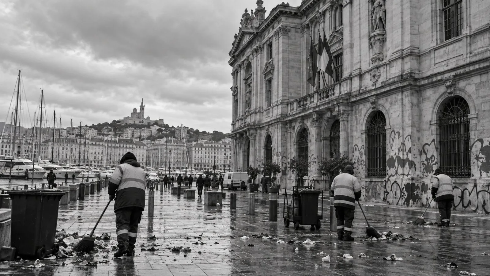 Sanitation workers sweep litter outside Marseille City Hall in Marseille, France. (AI-generated image / EconoTimes)