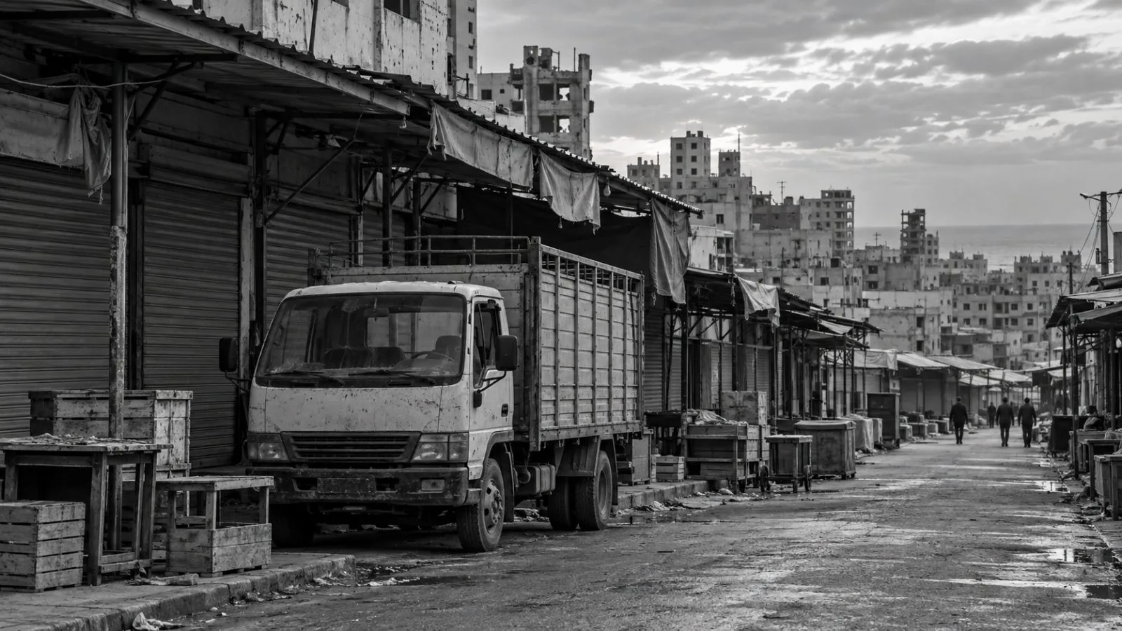 An idle delivery truck stands beside closed wholesale stalls in Gaza City. (AI-generated image / EconoTimes)