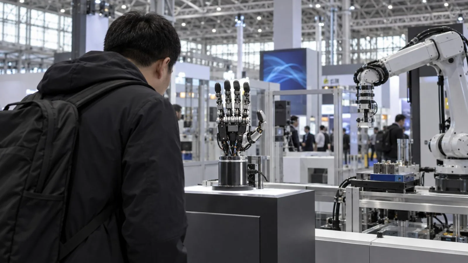 A visitor examines a robotic hand at the National Exhibition and Convention Center in Shanghai. (AI-generated image / EconoTimes)