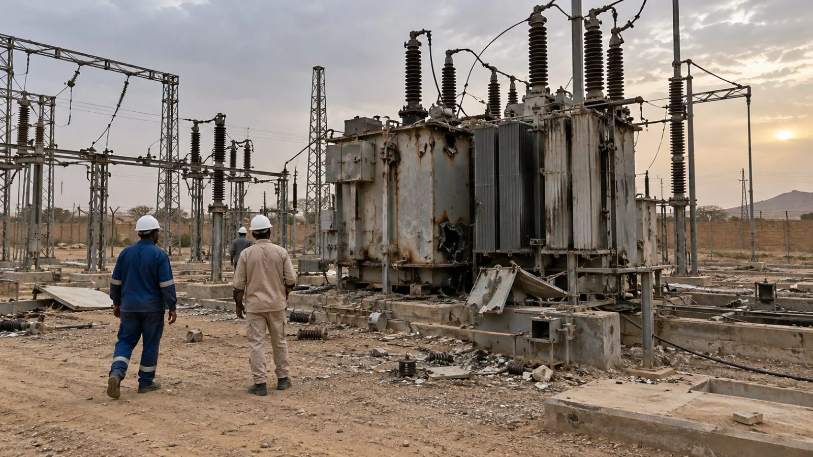 Utility engineers inspect damaged electrical equipment at the Singa substation in Sudan (AI-generated image / EconoTimes)