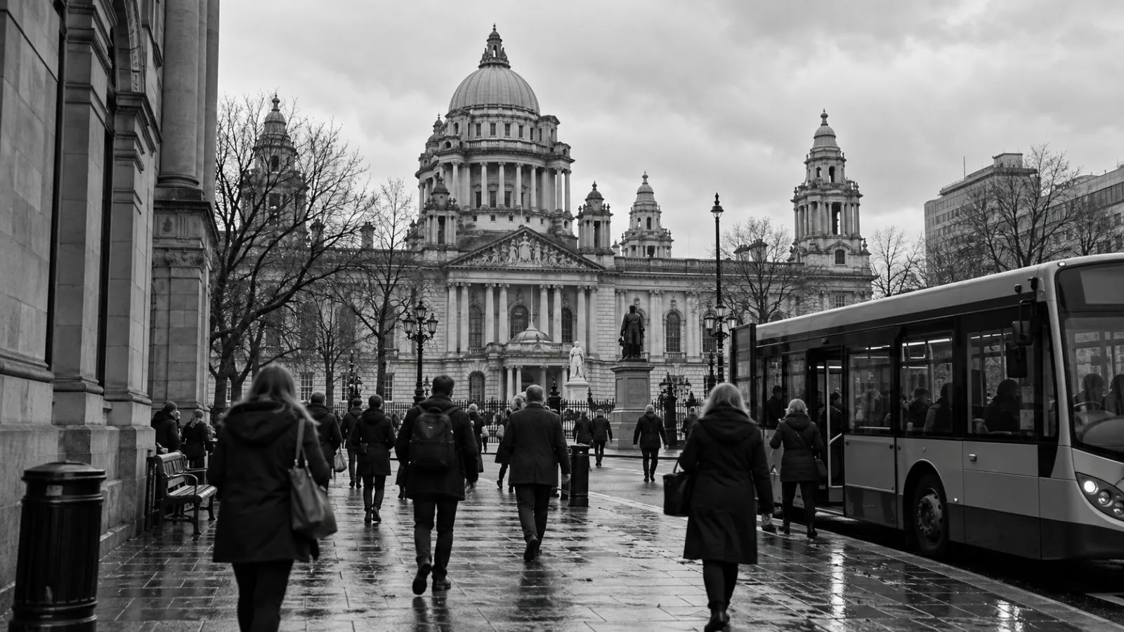 Commuters walk past Belfast City Hall on an overcast morning. (AI-generated image / EconoTimes)