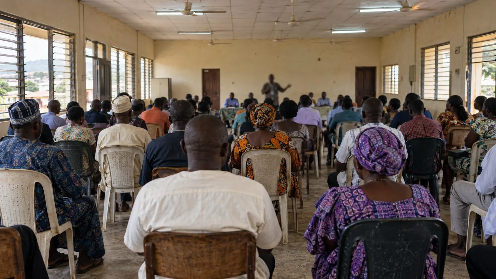 Attendees listen during a political town hall in Akure, Nigeria. (AI-generated image / EconoTimes)