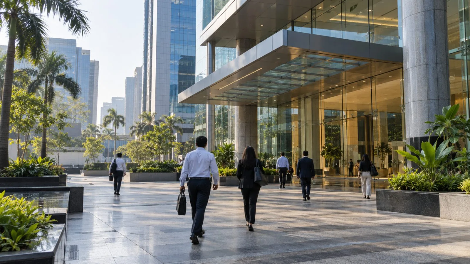 Employees enter a corporate office in Mumbai’s Bandra-Kurla Complex on a clear morning. (AI-generated image / EconoTimes)