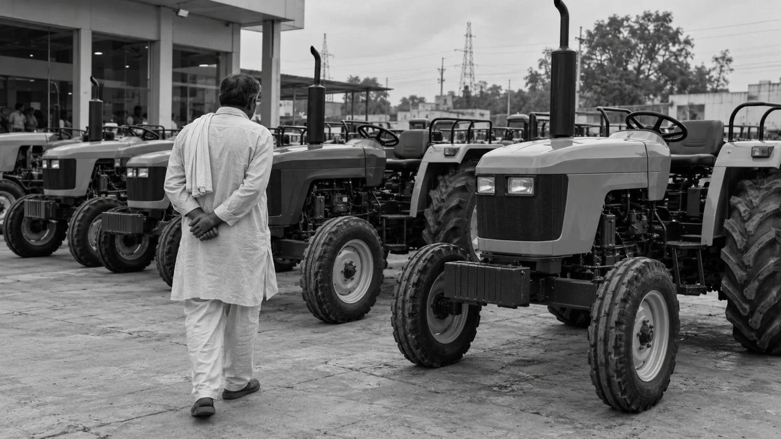 Tractors stand in a dealership lot in Faridabad, Haryana, India. (AI-generated image / EconoTimes)