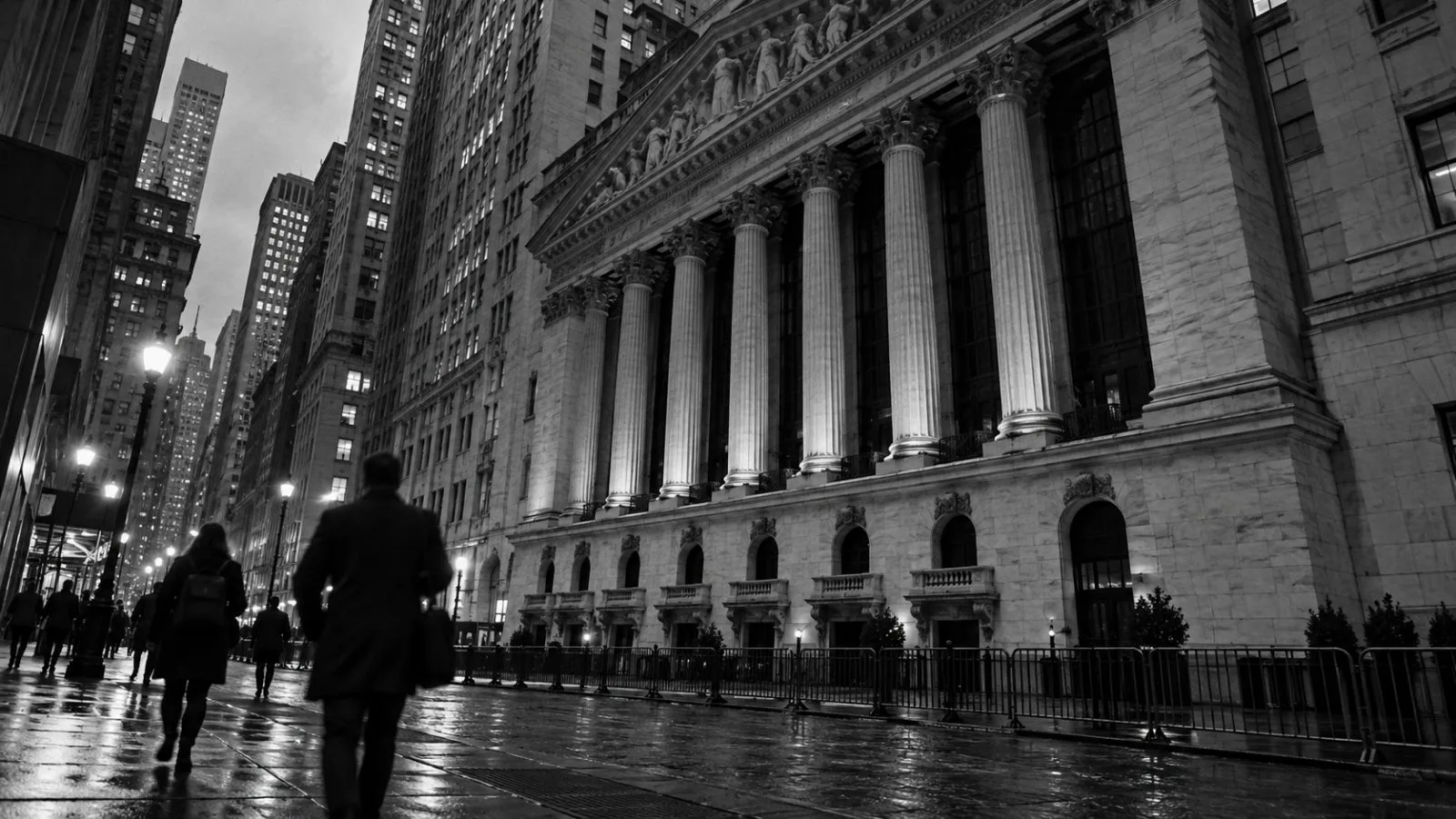 Pedestrians pass the New York Stock Exchange on Wall Street before dawn. (AI-generated image / EconoTimes)