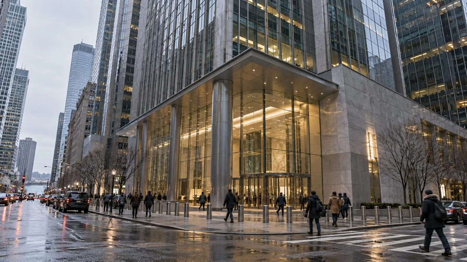 Pedestrians pass an office tower on Greenwich Street in New York City. (AI-generated image / EconoTimes)