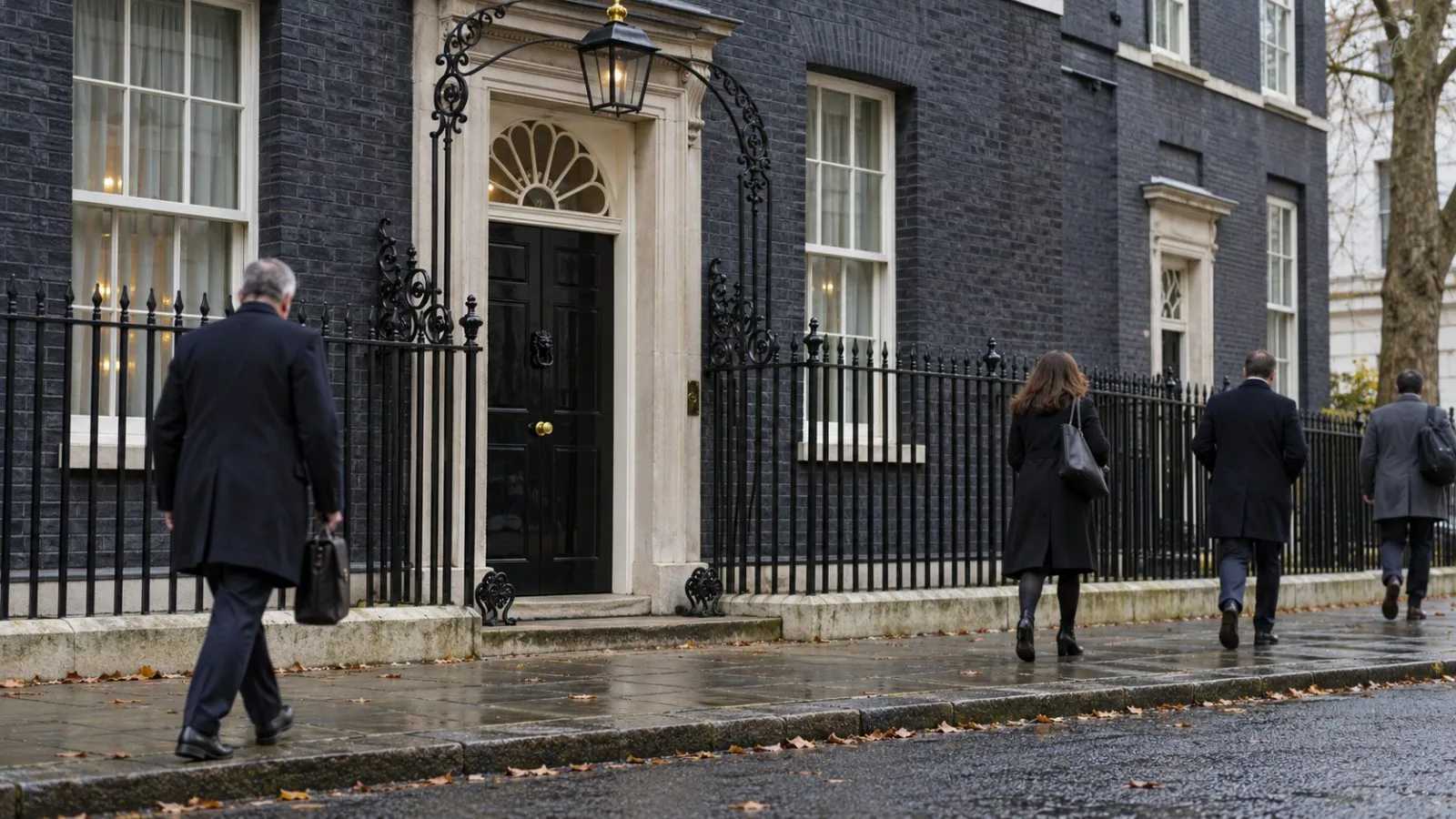 The black entrance to 10 Downing Street faces a quiet pavement in central London (AI-generated image / EconoTimes)