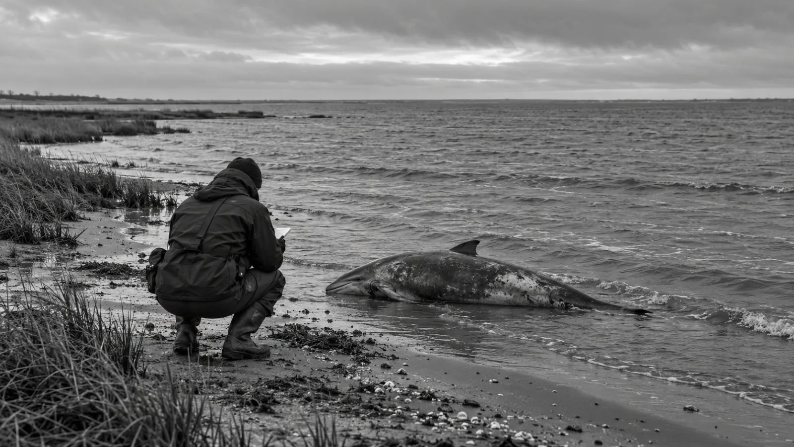 A fieldworker documents a stranded cetacean on the Black Sea shoreline near Odesa, Ukraine. (AI-generated image / EconoTimes)
