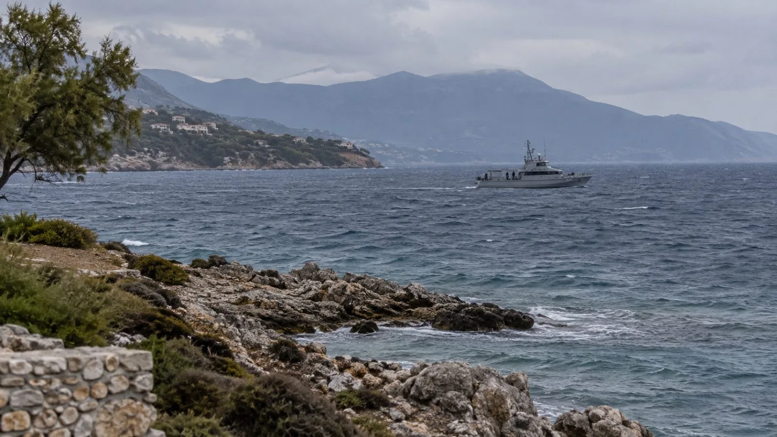 A coast guard patrol vessel searches waters off the north coast of Samos, Greece. (AI-generated image / EconoTimes)