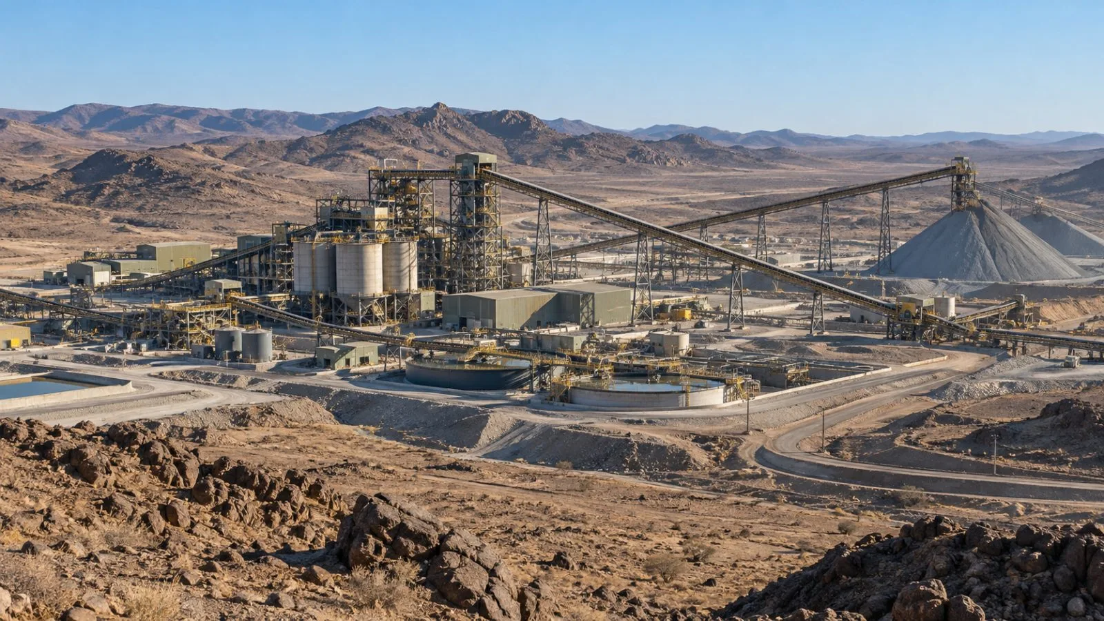A zinc concentrator and conveyor system stand at the Gamsberg mine near Aggeneys, South Africa. (AI-generated image / EconoTimes)