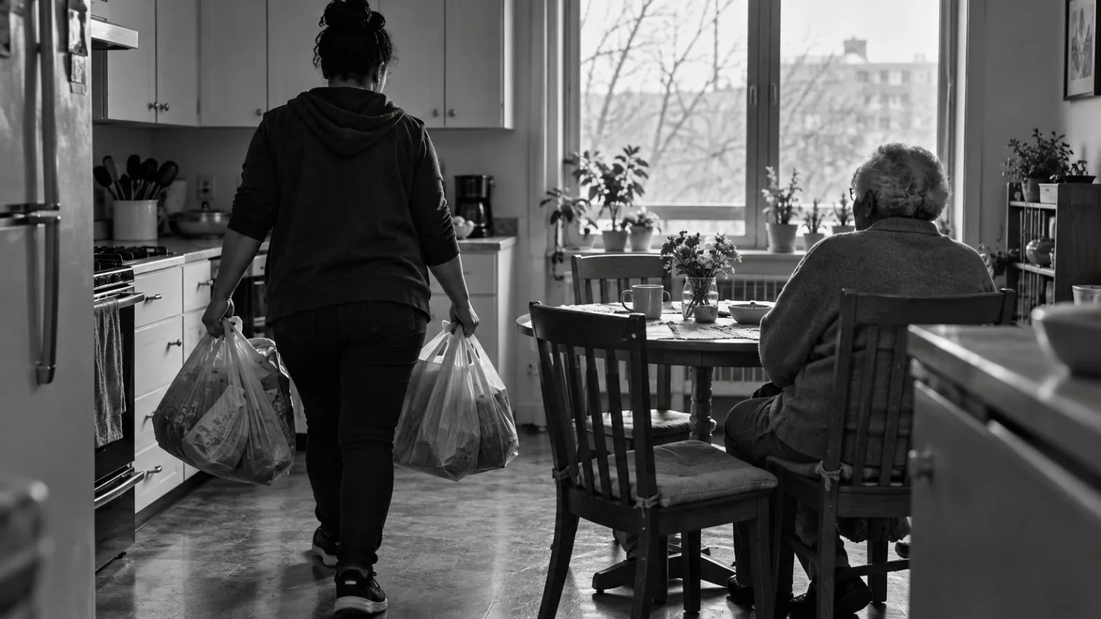 A caregiver carries groceries into an apartment kitchen in Washington, D.C. (AI-generated image / EconoTimes)