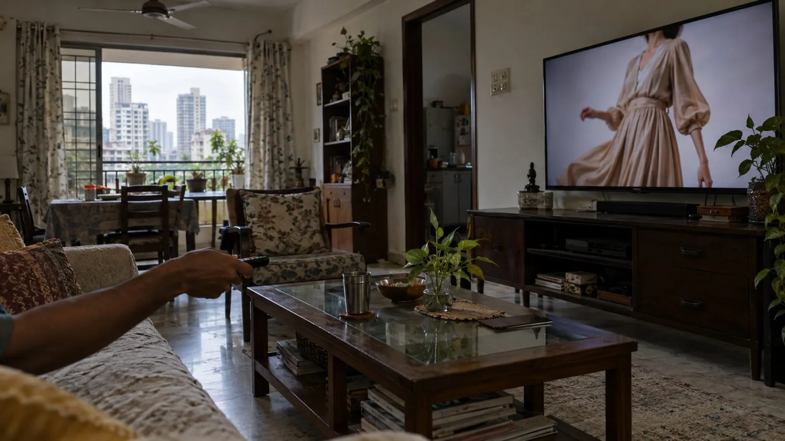 A television displays a fashion shopping image in an apartment living room in Mumbai, India. (AI-generated image / EconoTimes)