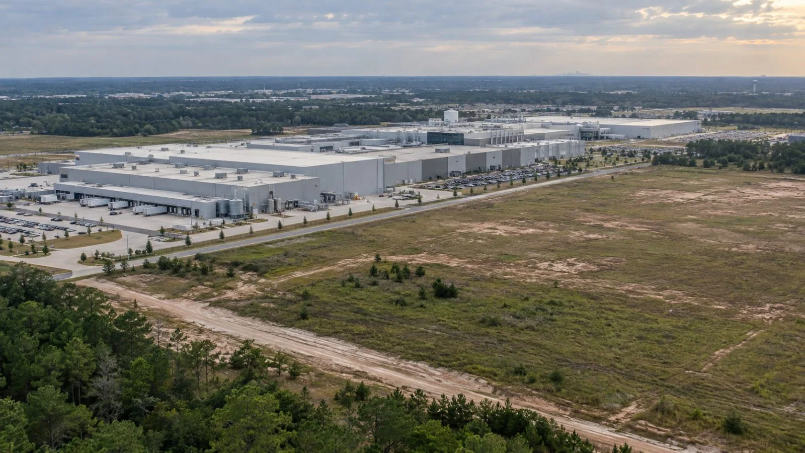 Industrial buildings stand beside the proposed solar-cell plant site in Tomball, Texas (AI-generated image / EconoTimes)