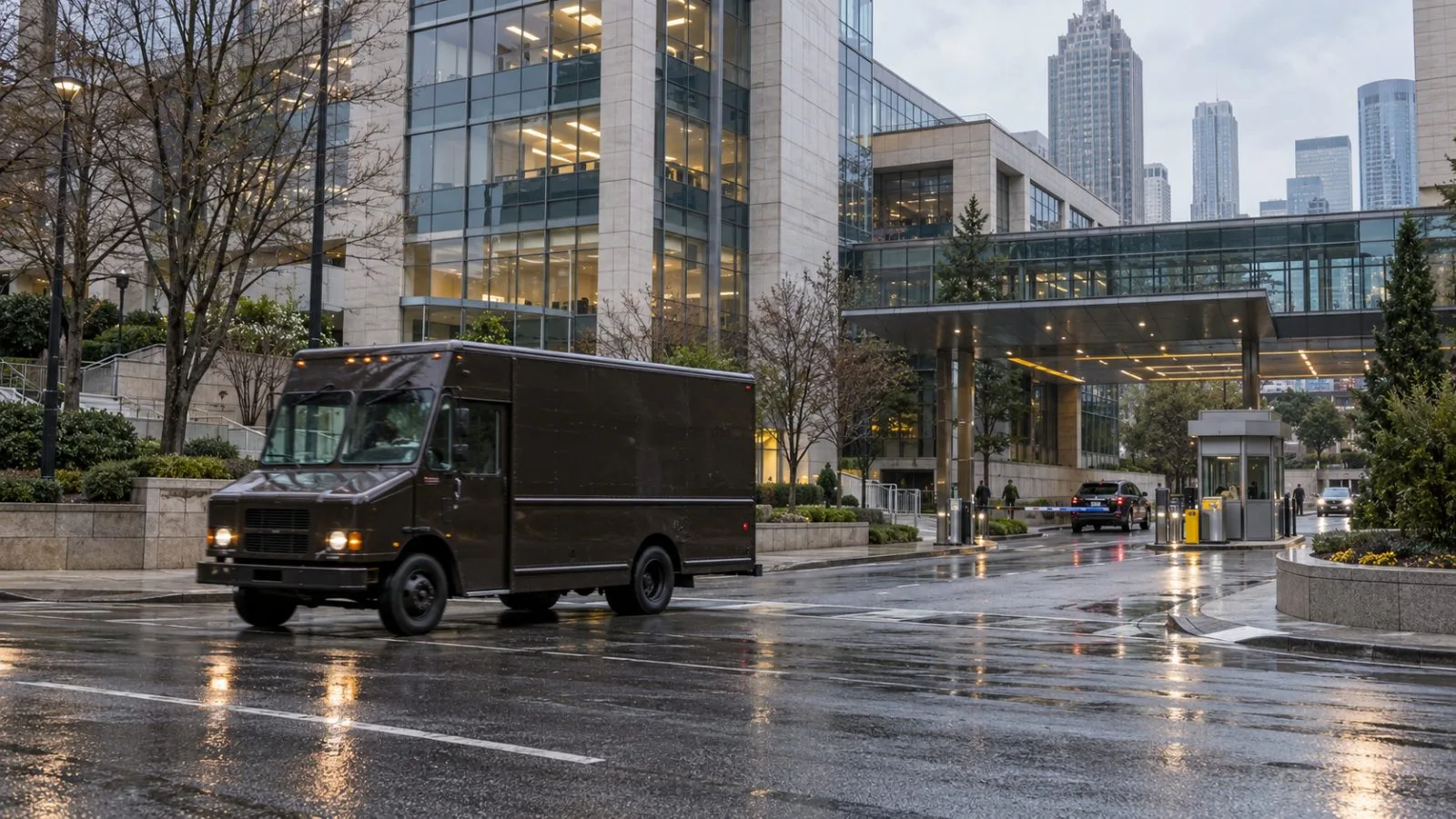 A parcel delivery vehicle passes the United Parcel Service headquarters in Atlanta, Georgia. (AI-generated image / EconoTimes)