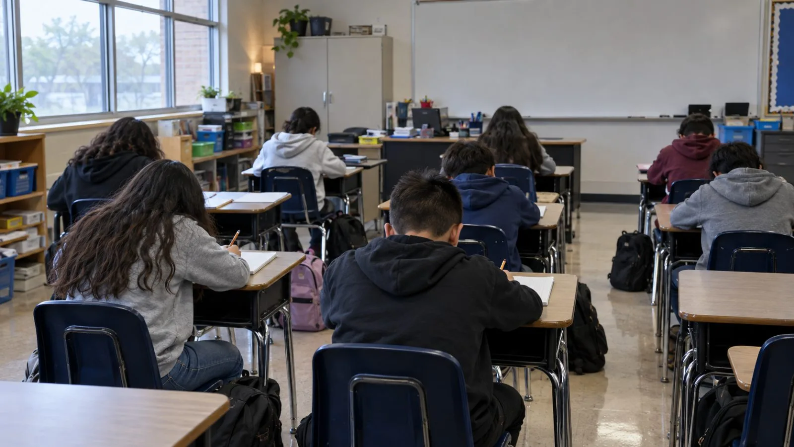 Empty student desks face a whiteboard inside a public middle school on San Antonio’s West Side. (AI-generated image / EconoTimes)