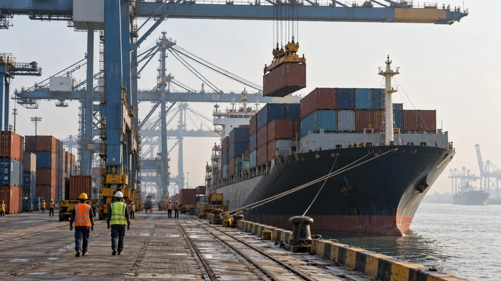 Cranes load containers onto a cargo ship at Jawaharlal Nehru Port, India. (AI-generated image / EconoTimes)