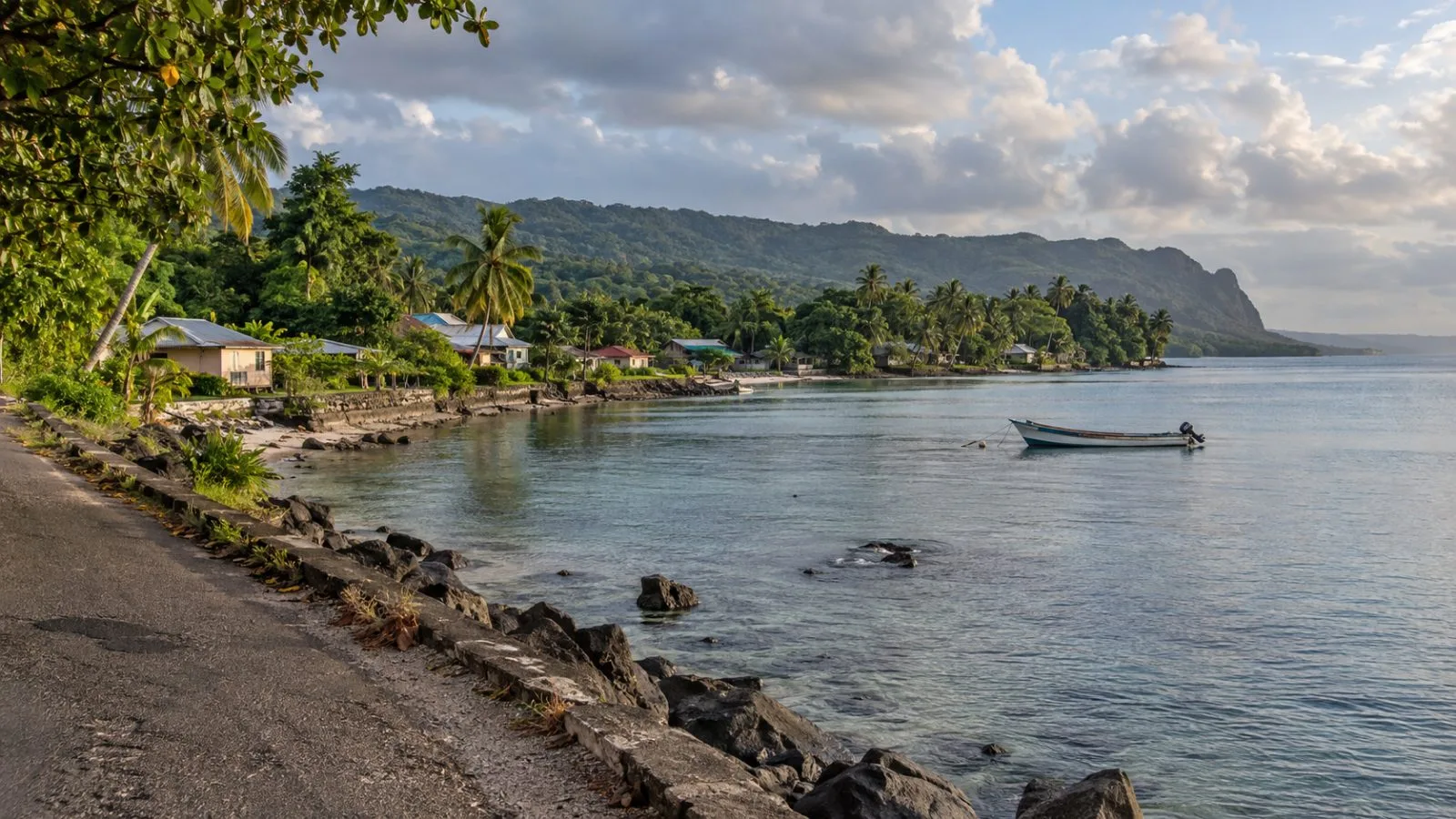 A fishing boat sits beside the shoreline at Port-Olry, Vanuatu. (AI-generated image / EconoTimes)