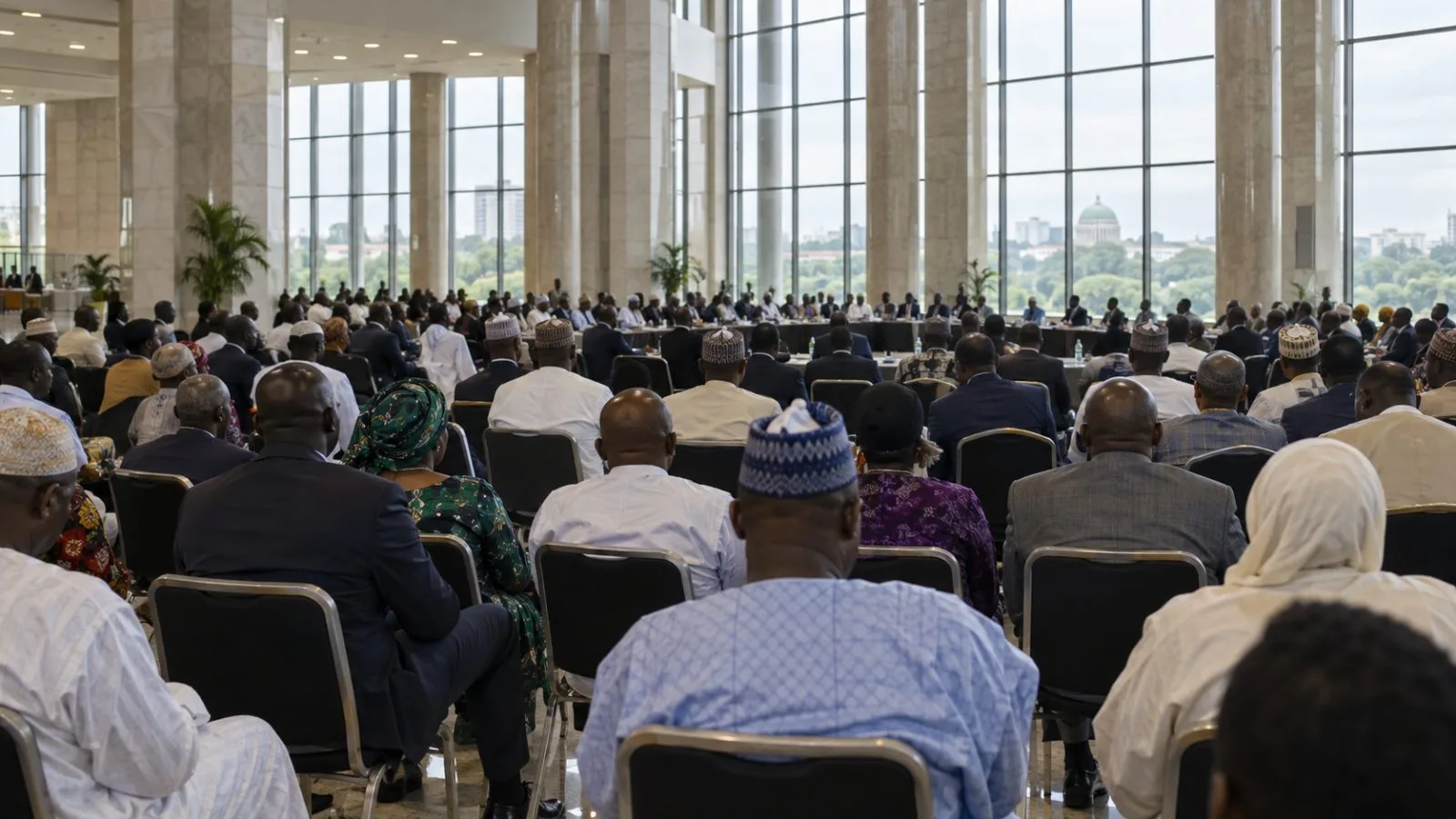 Delegates gather at the Shehu Musa Yar’Adua Centre in Abuja, Nigeria, for an opposition summit. (AI-generated image / EconoTimes)