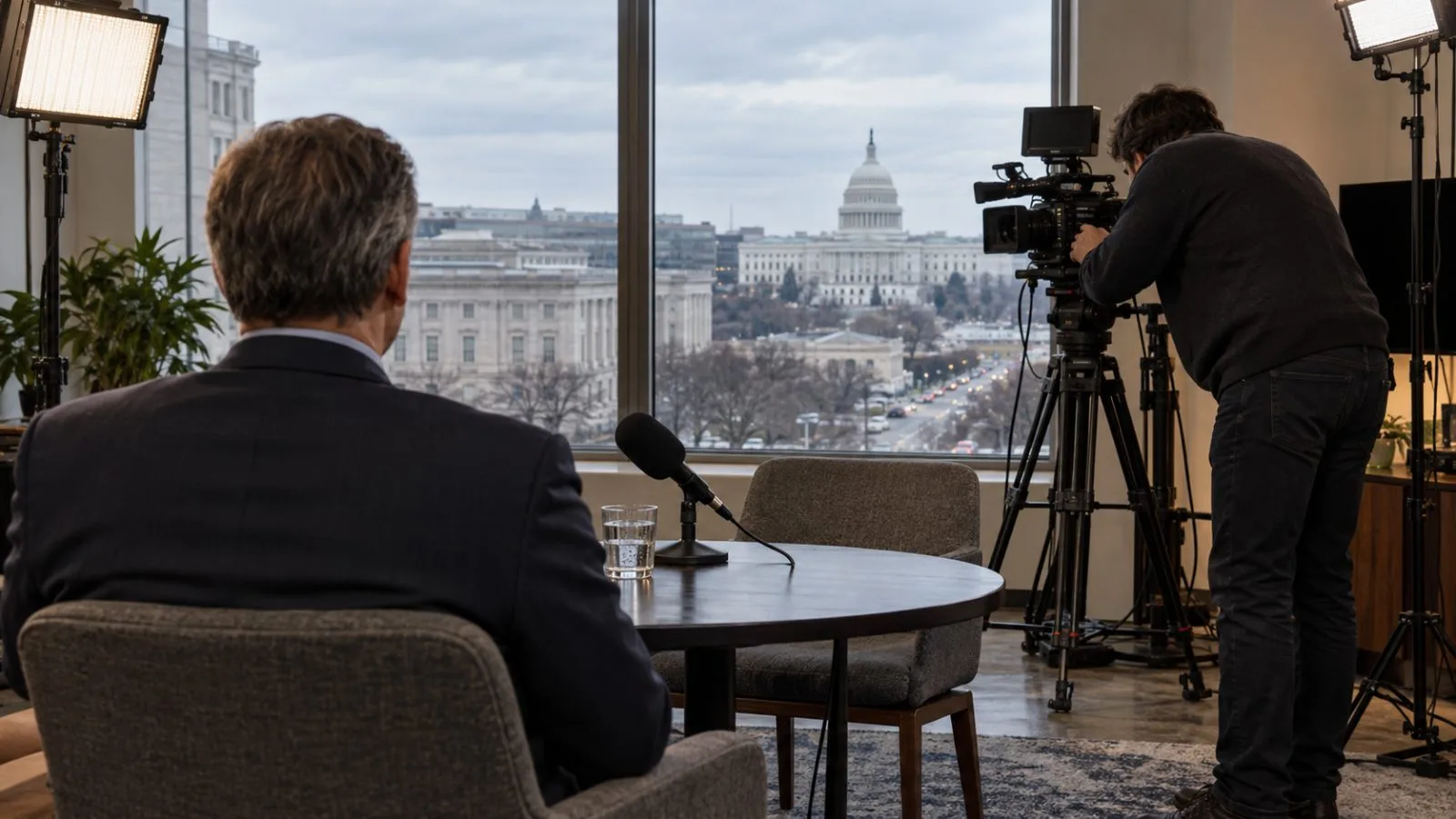 A camera faces an interview chair and tabletop microphone in a Washington, D.C., television studio. (AI-generated image / EconoTimes)