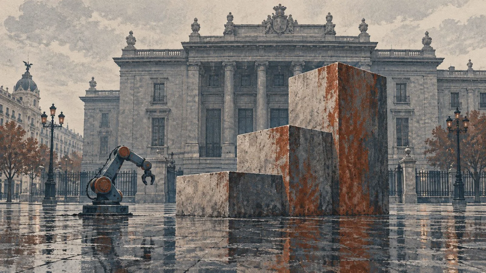 An idle industrial robot stands beside a government ministry in Madrid, Spain. (AI-generated image / EconoTimes)