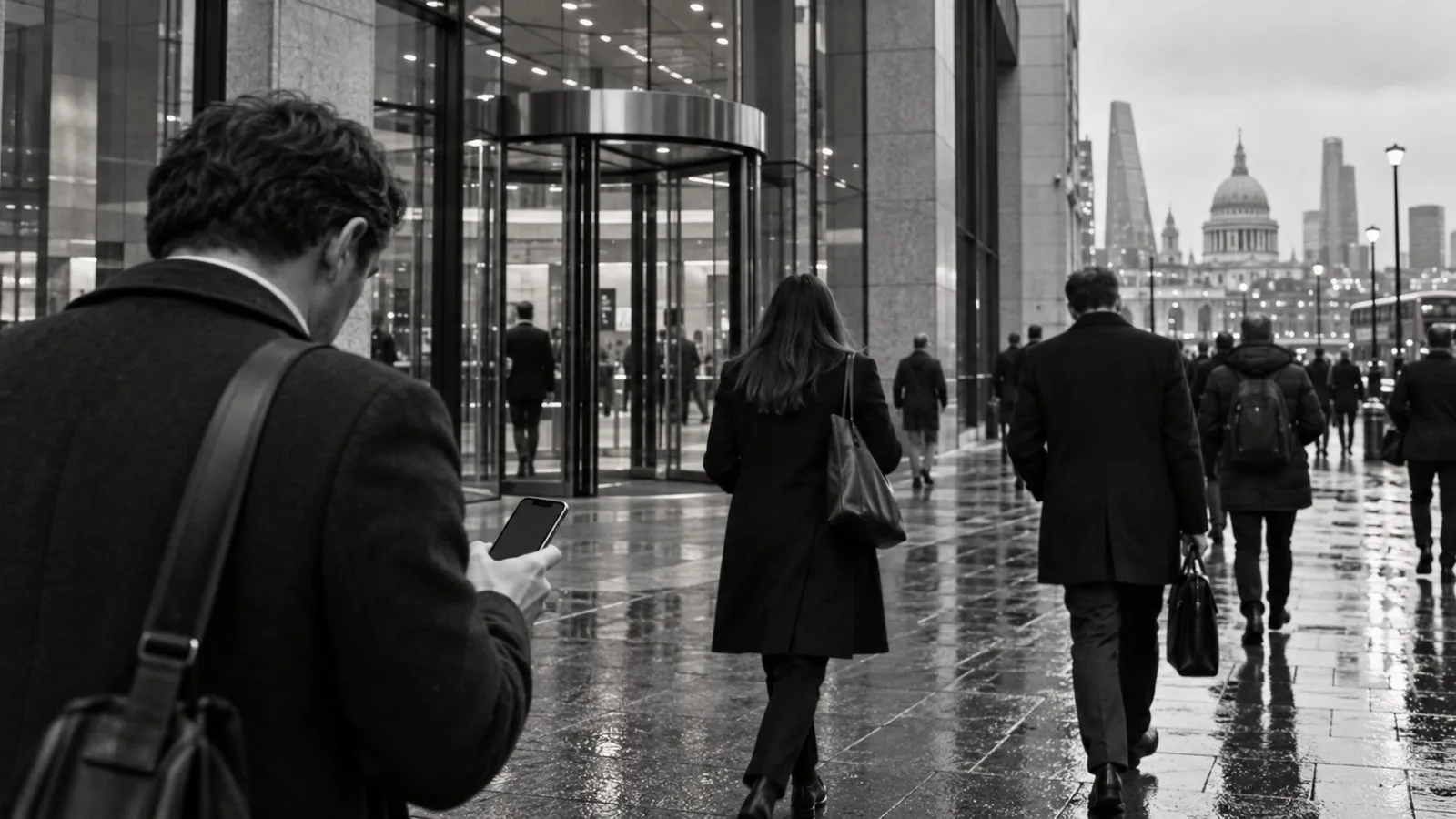 Commuters pass a financial office entrance on a damp morning in London. (AI-generated image / EconoTimes)