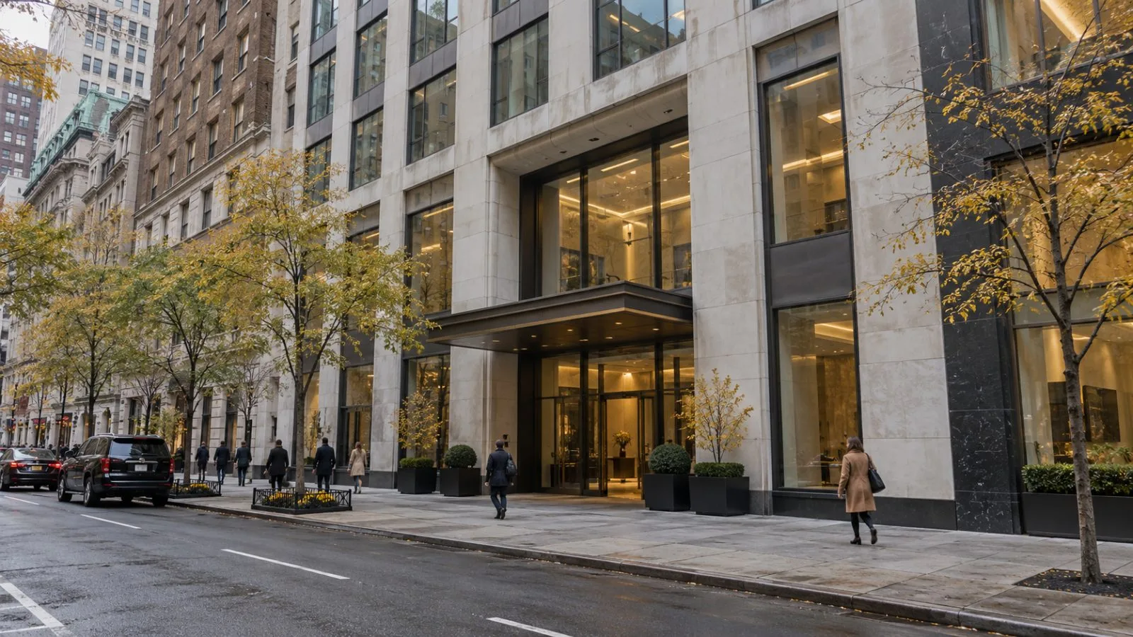 Pedestrians pass an office building on East 59th Street in Manhattan, New York. (AI-generated image / EconoTimes)