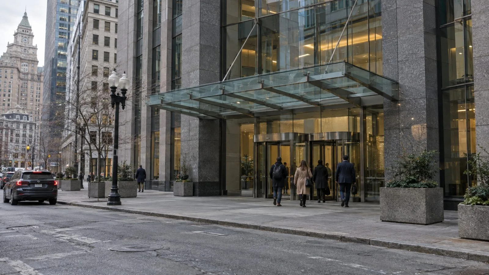 Office workers enter a downtown tower on Federal Street in Boston, Massachusetts. (AI-generated image / EconoTimes)