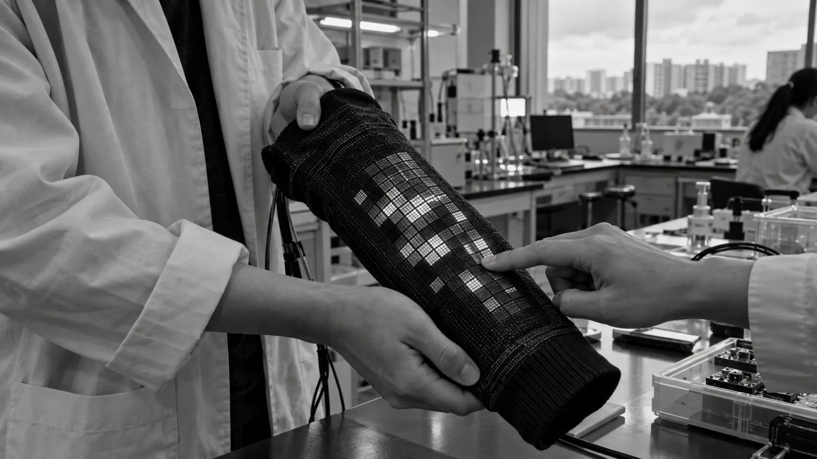 A researcher demonstrates a touchscreen sleeve inside a National University of Singapore laboratory. (AI-generated image / EconoTimes)
