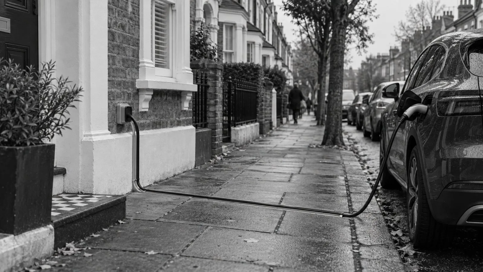 A charging cable runs through a pavement channel to a parked electric car in London. (AI-generated image / EconoTimes)