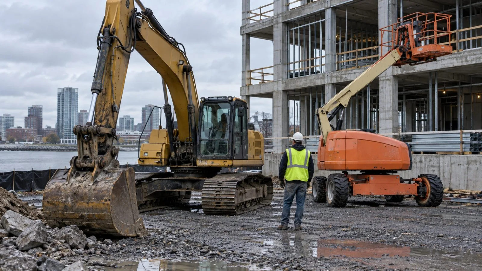 An excavator and boom lift stand at a commercial construction site in Stamford, Connecticut (AI-generated image / EconoTimes)