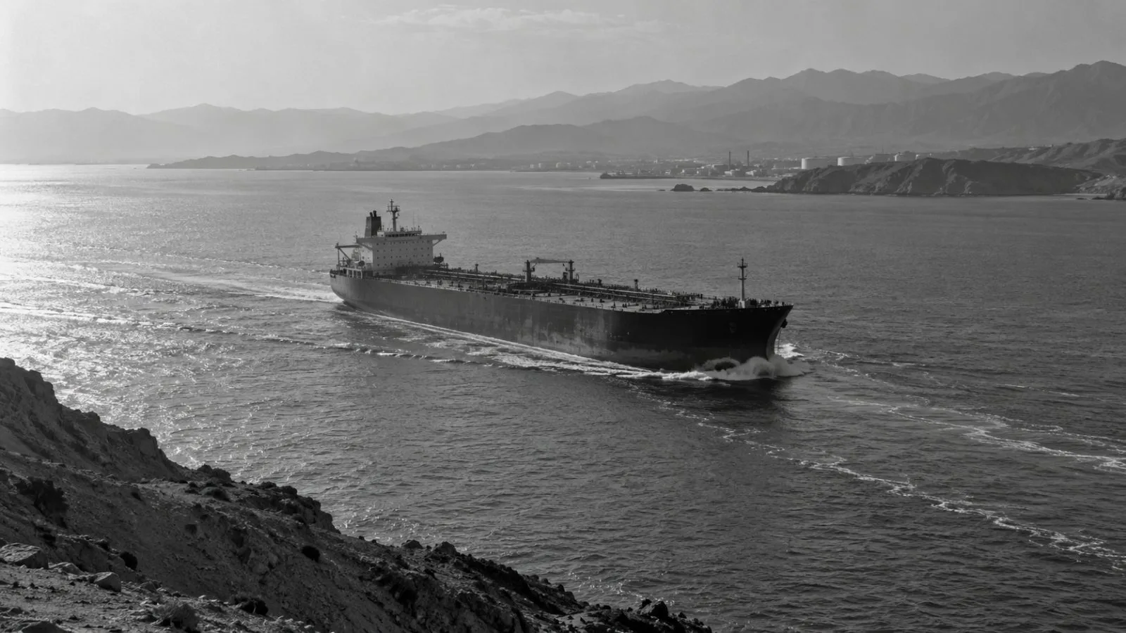 Cargo vessels sit at anchor off Bandar Abbas, Iran, in afternoon haze. / EconoTimes.ai (mono)