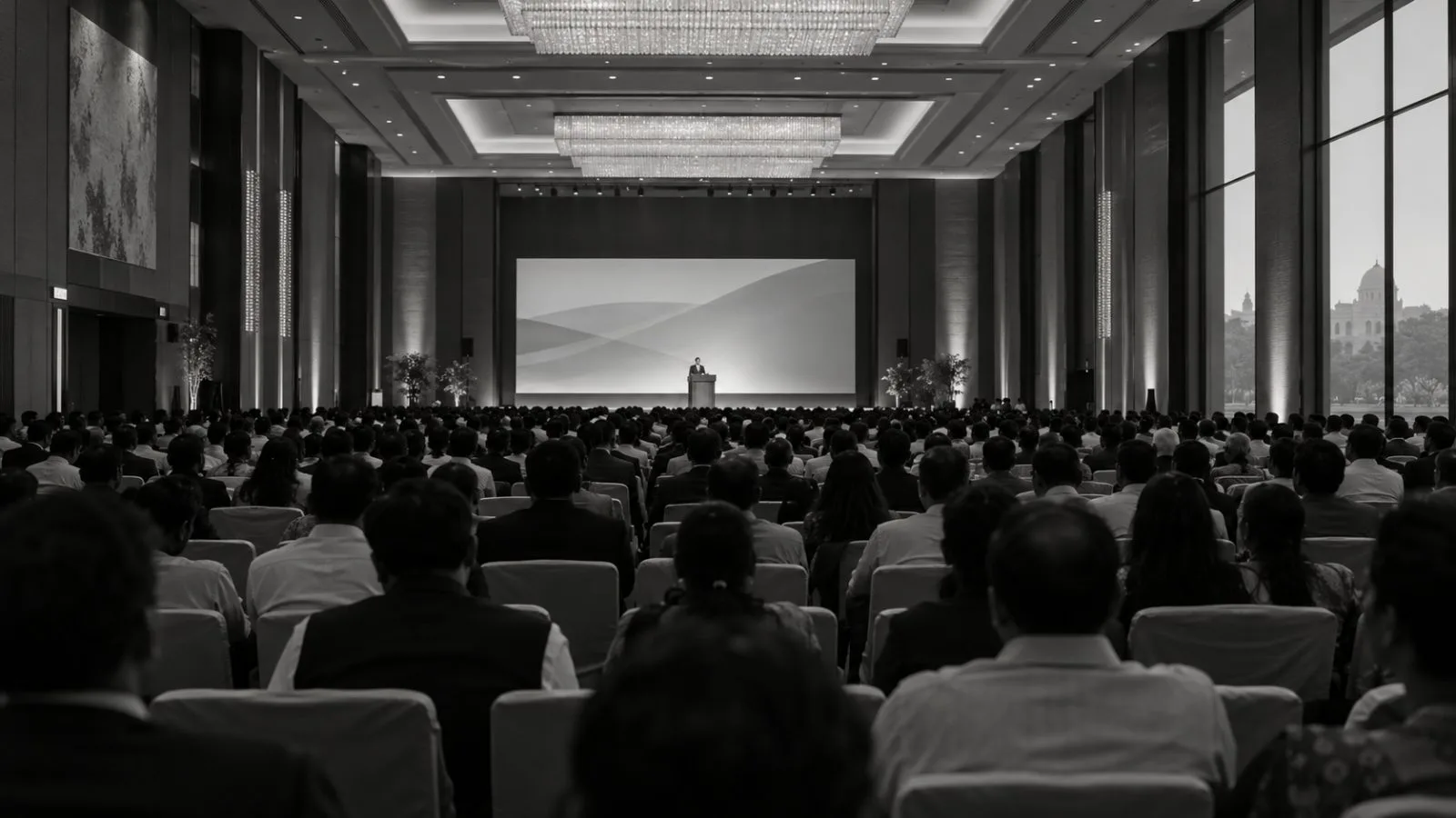 A speaker addresses attendees at the NDTV World Summit in New Delhi, India. (AI-generated image / EconoTimes)