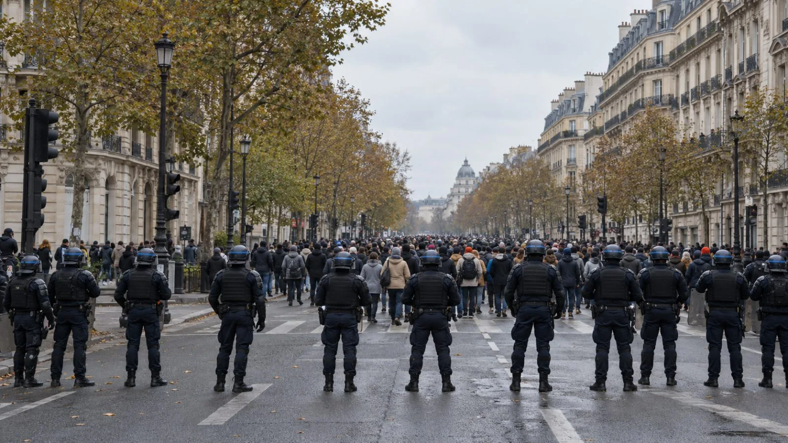 Police hold a line beside demonstrators during a march in southeastern Paris, France (AI-generated image / EconoTimes)