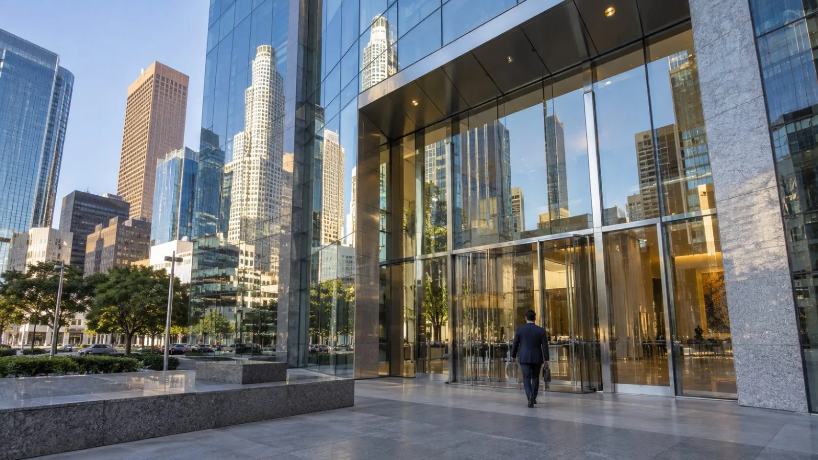 An office worker enters Oaktree Capital Management’s headquarters in downtown Los Angeles. (AI-generated image / EconoTimes)