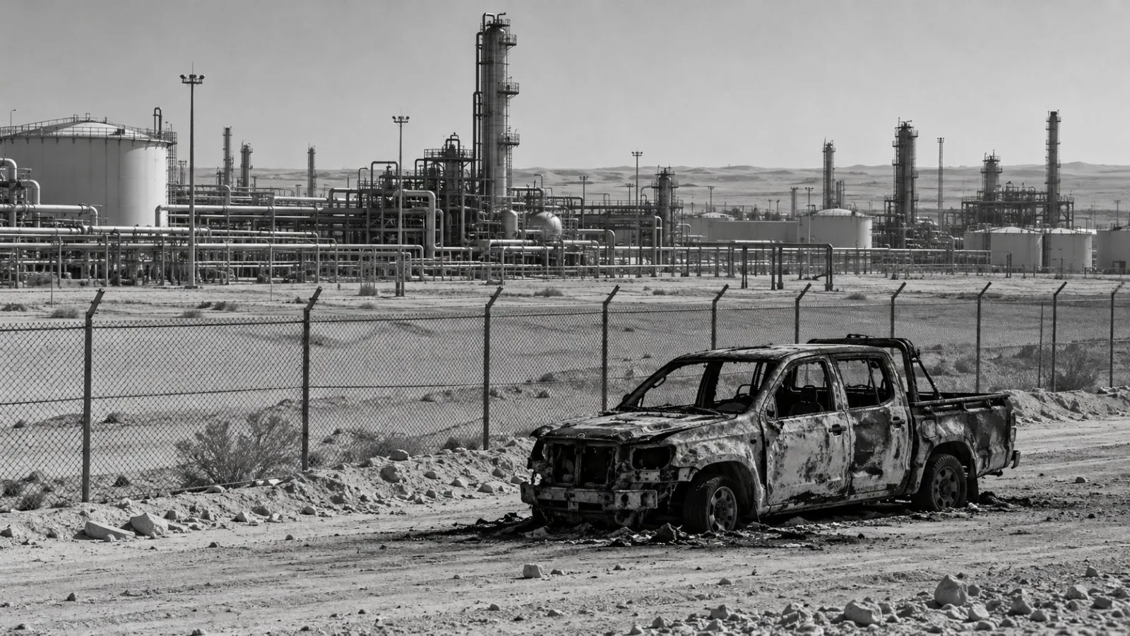 A scorched contractor vehicle sits outside the Shaybah processing facility in Saudi Arabia's desert. (AI-generated image / EconoTimes)