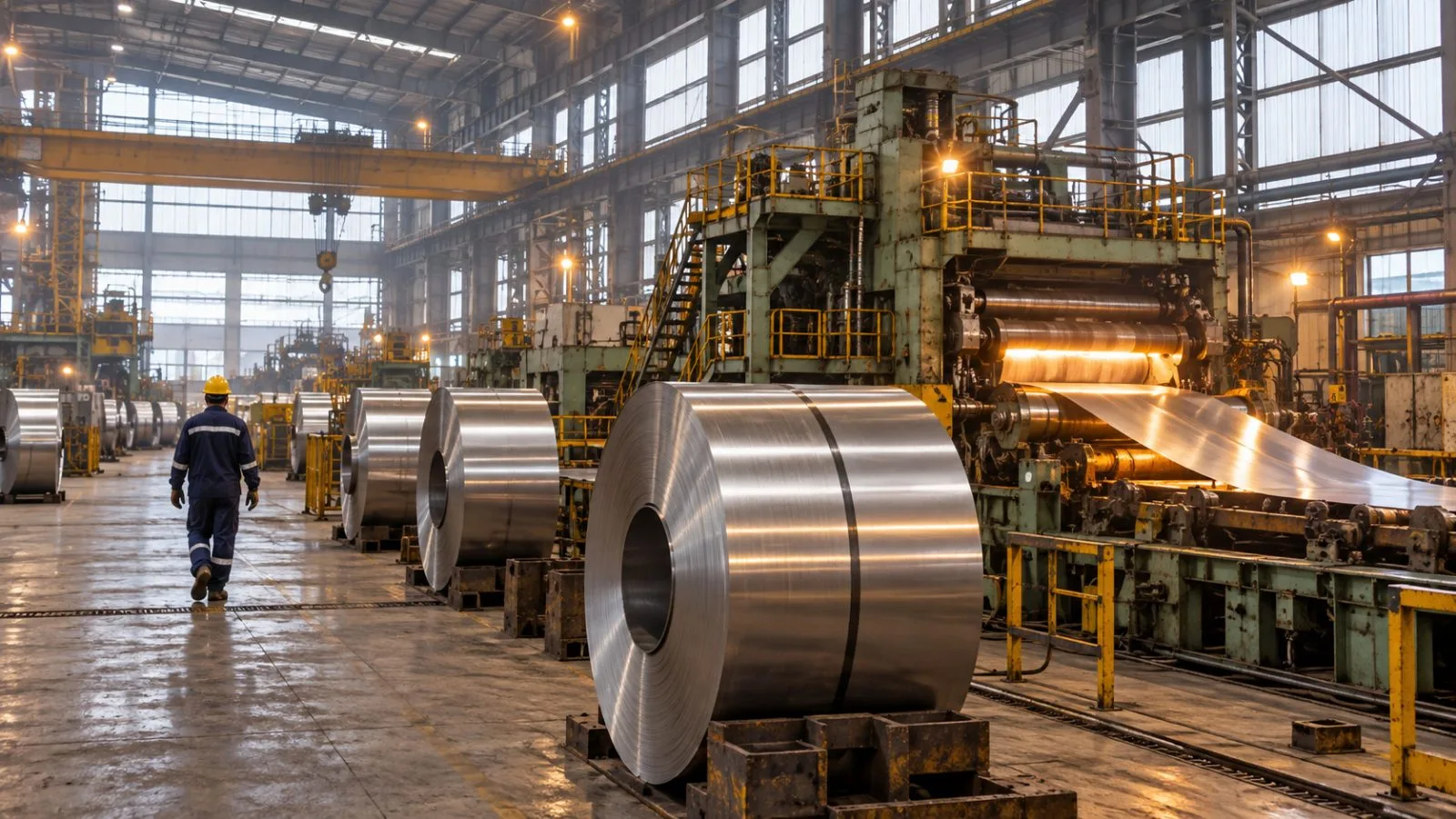 Stainless steel coils sit beside a rolling line at a Jindal Stainless plant in Jajpur, Odisha. / EconoTimes.ai