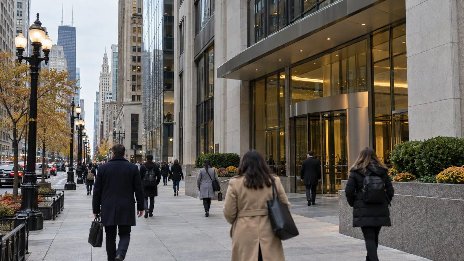 Pedestrians pass Old Republic International’s headquarters on North Michigan Avenue in Chicago (AI-generated image / EconoTimes)