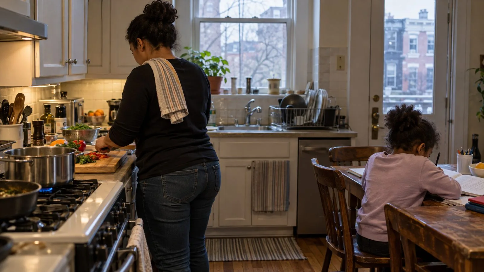 A parent prepares dinner in a Washington, D.C., rowhouse kitchen as a child works nearby. (AI-generated image / EconoTimes)